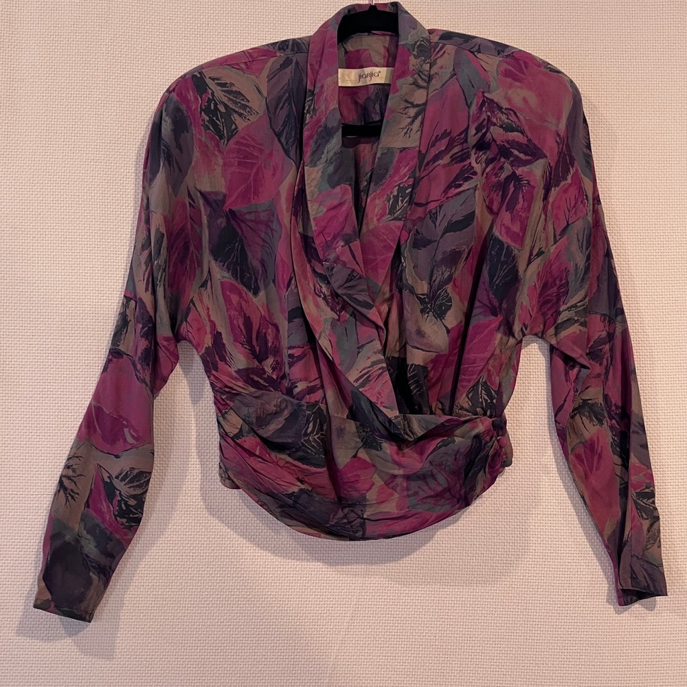 JIARIJIA Vintage 80s Floral Print Blouse‎ Top Dolman Long Sleeve Smocked Waist